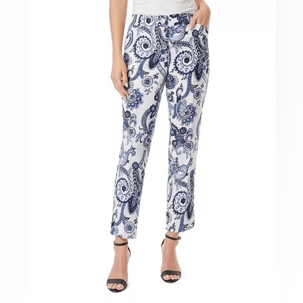 Jones New York Blu&Wht Paisleys Cropped Linen Blend Pant